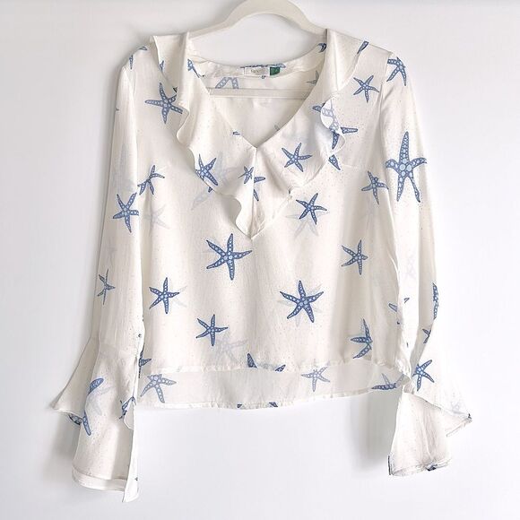 Rixo London Starfish Jane Ruffle-trimmed printed silk-crepe blouse Size Small - Picture 3 of 16